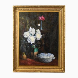 Jouenne Léon, Peonie bianche, XX secolo, Olio su tela