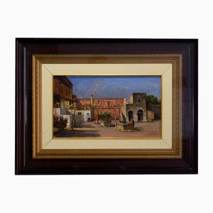 Vincenzo Canino, Italian Courtyard Scene, Oil on Panel, 1950s, Framed
