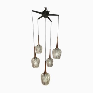 German Teak, Glass and Chrome Cascade Pendant Lamp from Baum Leuchten, 1960s