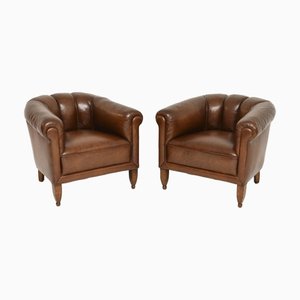 Antike schwedische Leder Clubsessel, 1900, 2er Set