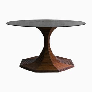 Dark-Finish Bamboo Table with Circular Smoked Glass Top from Vivai Del Sud, 1970s