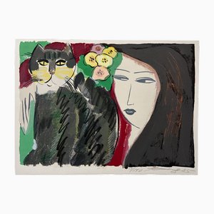 Walasse Ting, Composition avec Femme et Chat, Lithographie, 1985
