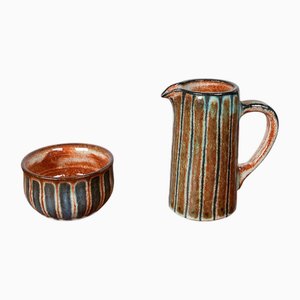Jarra y cuenco de estudio alemán Mid-Century modernos de cerámica de Monika Maetzel, años 60. Juego de 2