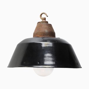 Vintage Industrial Black Enamel Pendant Light in Cast Iron and Clear Glass