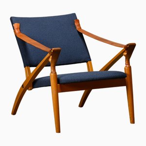 Scandinavian Modern Foldable Safari Lounge Chair in Beech Wood and Blue Fabric, 1950s