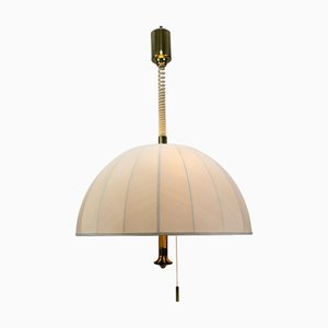 Large Brass and Fabric Lampshade Five-Light Adjustable Height Pendant Lamp, 1980s