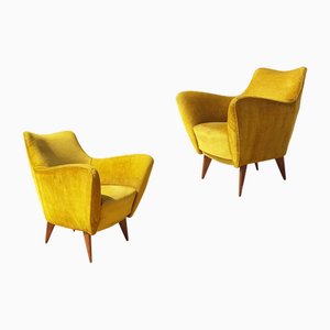 Set of Perla Armchairs in Yellow Velvet and Wood by Guglielmo Veronesi for Isa Bergamo, 1952