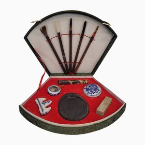 Chinese Calligraphy Set with Brushes and Pigments and Inkwell, Set of 3