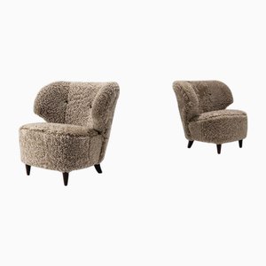 Set of Boman Club Chairs in Sheepskin by Carl-Johan for Oy Boman Ab, Finland, 1940s