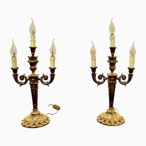 Große Messing 3-Arm Kandelaber, 1920er, 2er Set