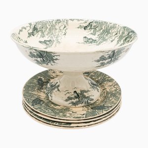 Antique Neige Cake Stand and Plates from Sarreguemines, 1900s, Set of 5