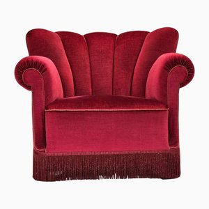 Poltrona relax in velluto rosso ciliegia, Danimarca, anni '60