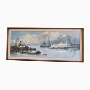 E Leitizin, Hafen, 1960er, Öl auf Leinwand, Gerahmt