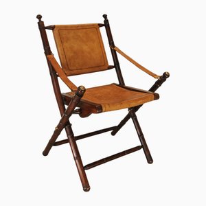 Safari Klappsessel aus Bambus-Imitat & Besticktem Leder mit Sling Armlehnen, 1990er