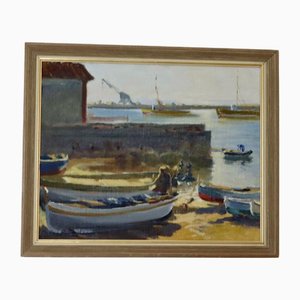 Francesc Vidal Palmada, Harbor View, 1960s, Oil on Board, Framed