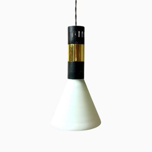 Lampe à Suspension en Verre Opalin, Métal et Laiton attribuée à Stilnovo, 1950s
