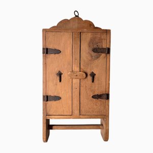 Primitive Handmade Carved Wood Wall Cupboard with Iron Hardware, United Kingdom, 1940s