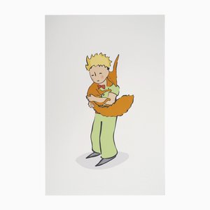 Antoine de Saint-Exupery, Der kleine Prinz knuddelt den Fuchs, Lithographie