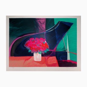Claude Hemeret, Bouquet rose et piano, Lithograph