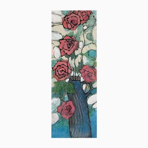 Miyuki Takanashi, Jarrón azul y rosas, 2024, Técnica mixta sobre lienzo