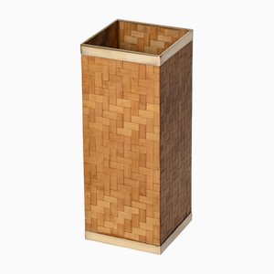 Mid-Century Modern French Riviera Umbrella Stand in Woven Bamboo and Brass, 1970s