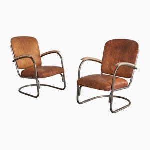 Set of Tubular Armchairs in Cognac Leather, 1930s