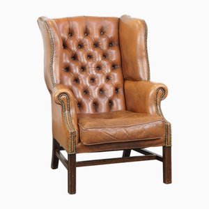 Vintage English Chesterfield Wing Chair in Cowhide