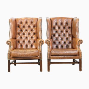 Set of Vintage English Chesterfield Wing Chairs in Cowhide