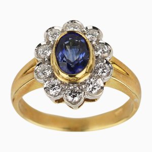 18k Gold Ring with Sapphire and Diamonds, 2000s
