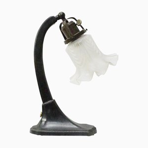 French Art Deco Cast Iron and Frosted Glass Table Light, 1920s