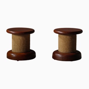 Sgabelli Mid-Century moderni in legno e corda nello stile di Adrien Audoux & Frida Minet, set di 2