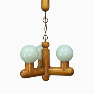 Vintage Deckenlampe aus Holz & Grünem Glas, 1970er
