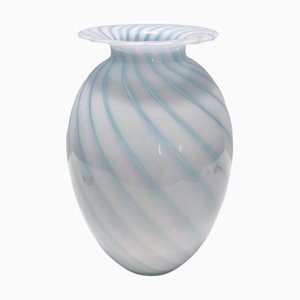 Vase Vintage en Verre de Murano avec Cannes Bleu Clair et Blanches, 1970s