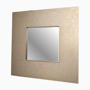 Miroir Mural Postmoderne Carré avec Cadre Beige & Motifs Floraux, Italie, 1980s
