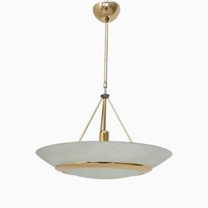 Brass and Etched Glass Bowl Pendant in the style of Fontana Arte, Italy, 1980s