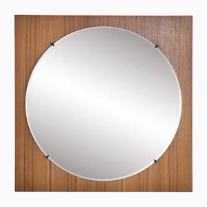 Round Mirror in Square Wooden Frame, 1970s