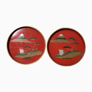 Round Wooden Urushi Lacquerware Trays, 1890s, Set of 2