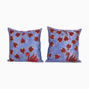 Turkish Floral Embroidered Silk Bukhara Suzani Cushion Covers, Set of 2