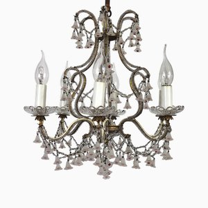 Vintage Art Nouveau Gilded Metal Murano Glass Flower Chandelier, 1930s