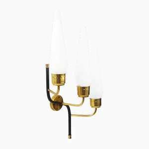 Italian 3-Light Wall Lamp in Opaline Glass, Black Metal and Brass, 1950s