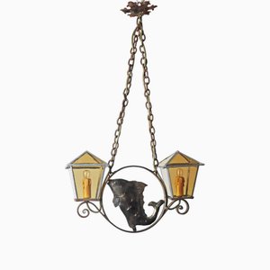 Lampe à Suspension Arts and Crafts Poisson en Fer Forgé et Verre au Plomb, Allemagne, 1920s