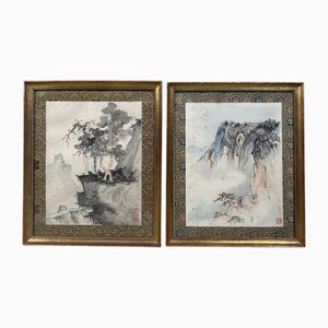 Antike japanische Wanddekoration mit Berglandschaft, 1920er, 2er Set