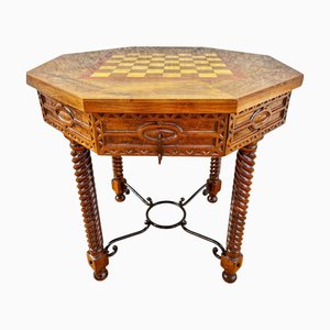 Antique Octogonal Burnt Oak Inlaid Games Table with Two Drawers and Turned Legs, 1920s