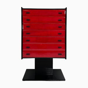 Italian Art Deco Cherry Red Parchment and Black Lacquer Chest of Drawer, 1950s