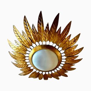 Metal Gilt Gold with Original Curve Frosted Glass Flush Mount, 1950s