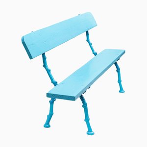 Banc de Jardin en Faux Bois Peint Bleu en Fonte, 1890s