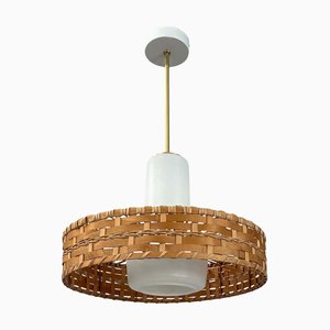 Rattan & Milchglas Hängelampe Doria zugeschrieben, Deutschland, 1960er