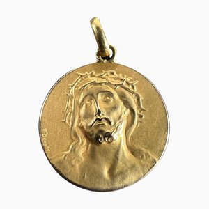 Französische Jesus Christus Dornenkrone 18 Karat Gelbgold Medaillen-Anhänger von Dropsy, 1950er