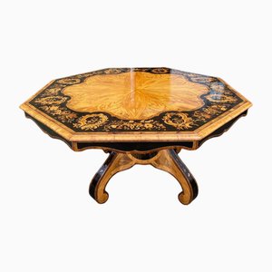 Viktorianischer achteckiger Tisch aus dem 19. Jh. mit Ebenholz-Intarsien auf Edel- und Satinholz
