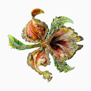 Mid-Century Silver Enamelled Orchid or Iris Flower Brooch